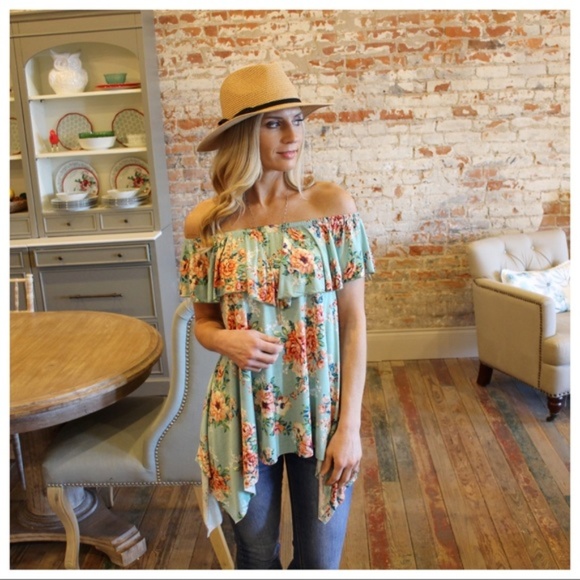 Mint Floral Asymmetrical Off the shoulder tunic - Picture 2 of 3